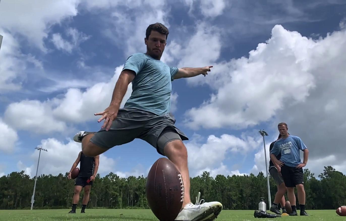 Cairo Santos kicking during a 4th Down University training session