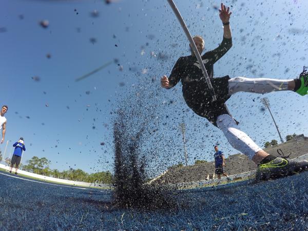 Chris Boswell through contact, turf spray