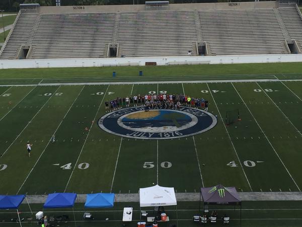 Specialists gathered at midfield, Municipal Stadium, Daytona Beach